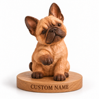 The Curious French Bulldog hand-carved natural oak dog sculpture – optional engraved name base example