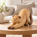 The Stretching Scottish Fold hand-carved natural oak cat sculpture – styled home decor view