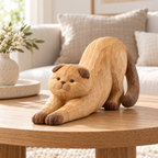 The Stretching Scottish Fold hand-carved natural oak cat sculpture – styled home decor view