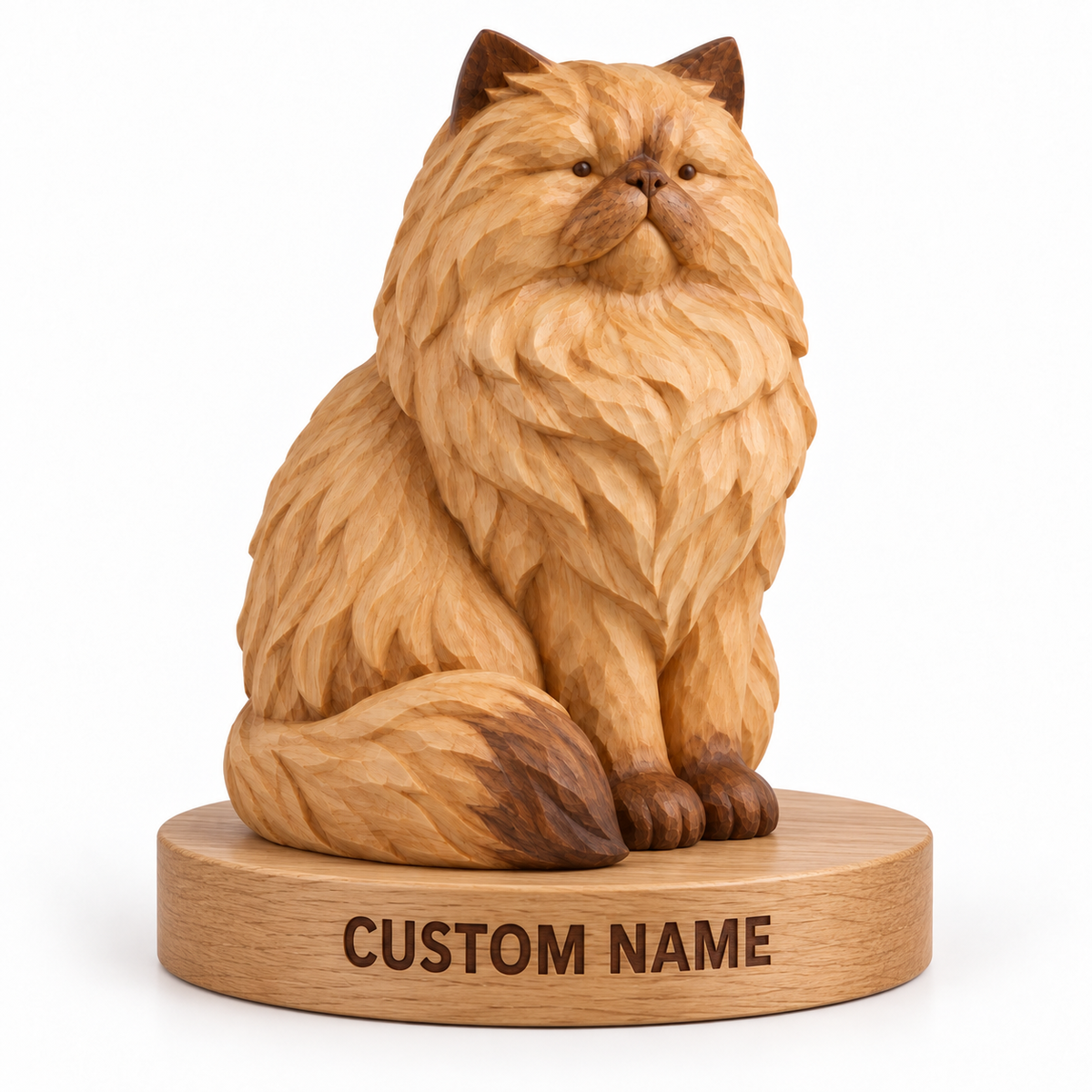 The Elegant Persian hand-carved natural oak cat sculpture – optional engraved name base example