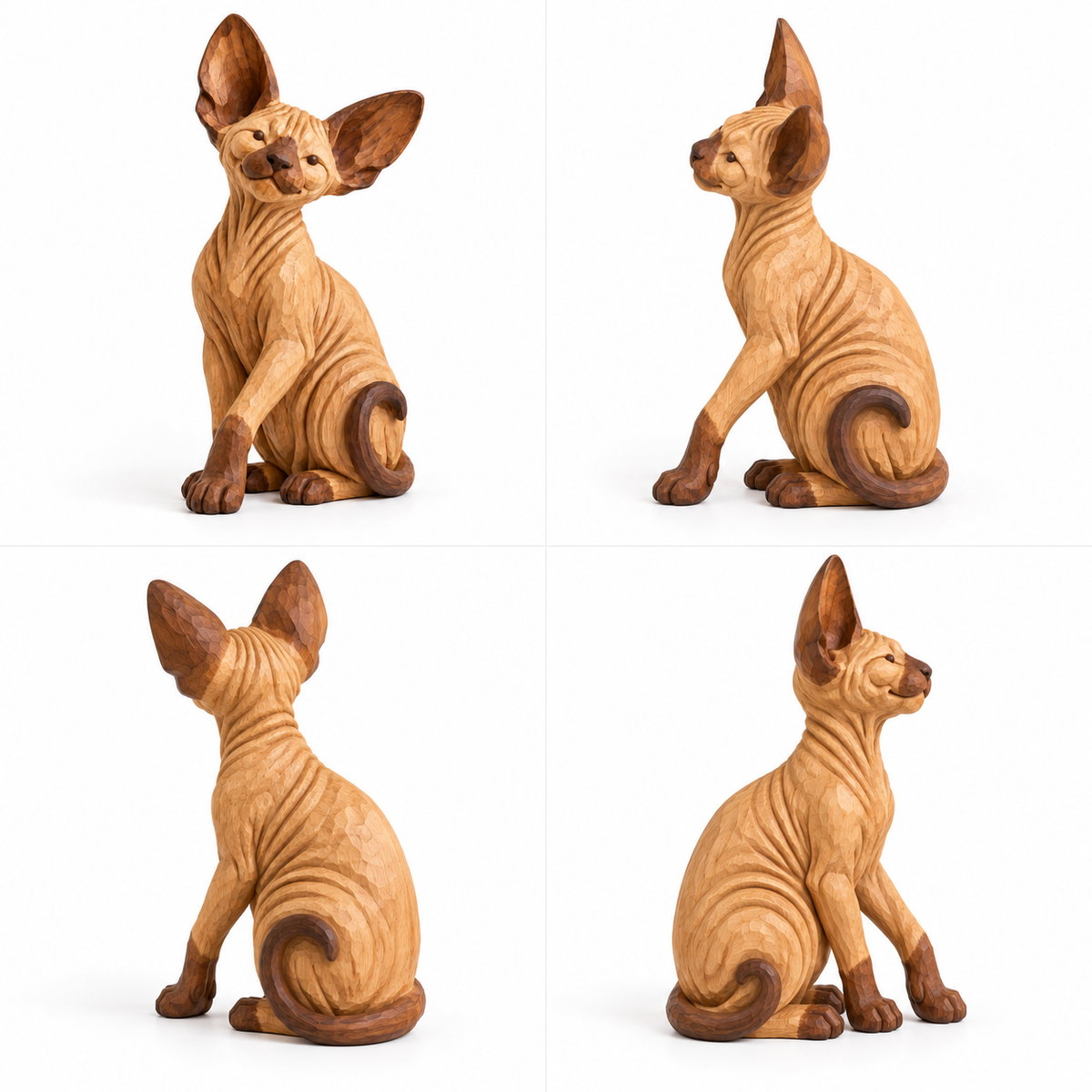 The Mischievous Sphynx hand-carved natural oak cat sculpture – alternate 360-degree view