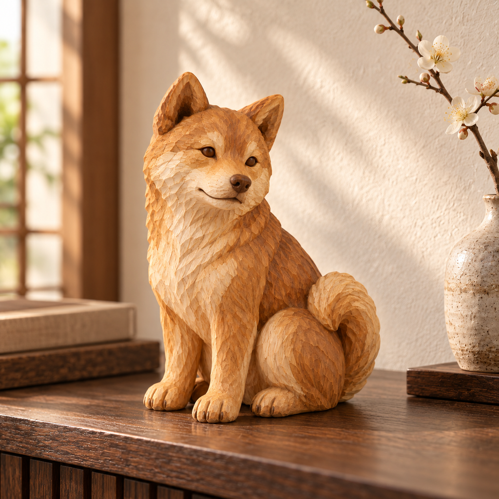 The Serene Shiba Inu hand-carved natural oak dog sculpture – styled home decor view