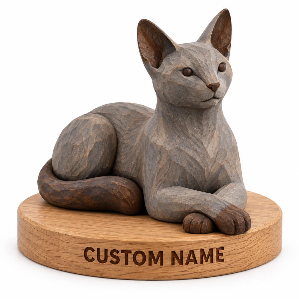 The Gentle Russian Blue hand-carved natural oak cat sculpture – optional engraved name base example
