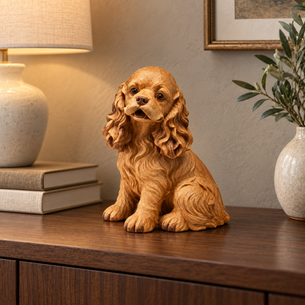 The Gentle Cocker Spaniel hand-carved natural oak dog sculpture – styled home decor view