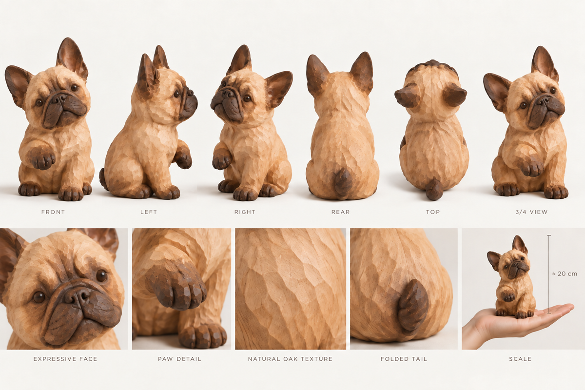 The Curious French Bulldog hand-carved natural oak dog sculpture – alternate 360-degree view