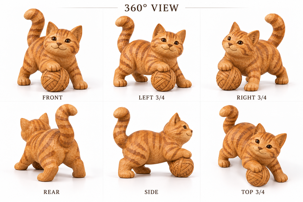The Playful Orange Tabby hand-carved natural oak cat sculpture – alternate 360-degree view