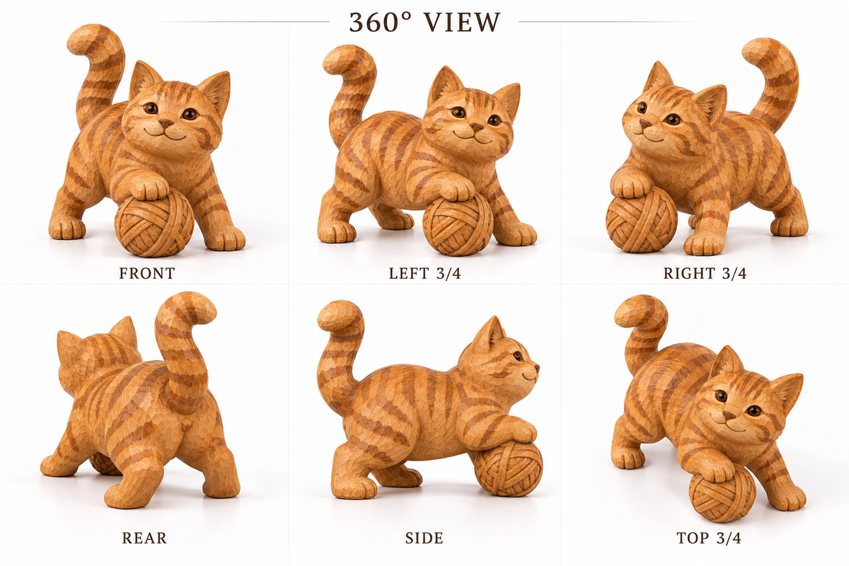 The Playful Orange Tabby hand-carved natural oak cat sculpture – alternate 360-degree view