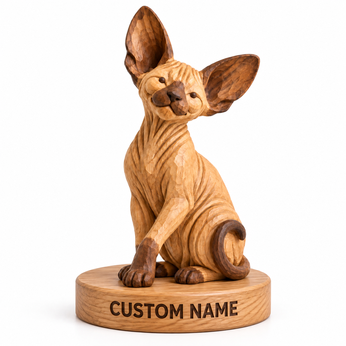 The Mischievous Sphynx hand-carved natural oak cat sculpture – optional engraved name base example