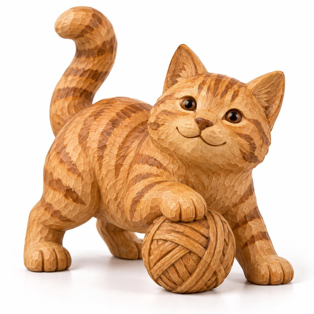 The Playful Orange Tabby hand-carved natural oak cat sculpture – main product view