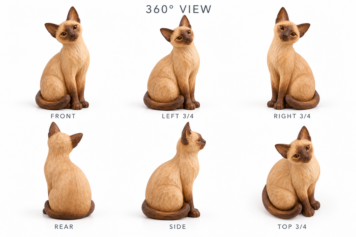 The Curious Siamese hand-carved natural oak cat sculpture – alternate 360-degree view