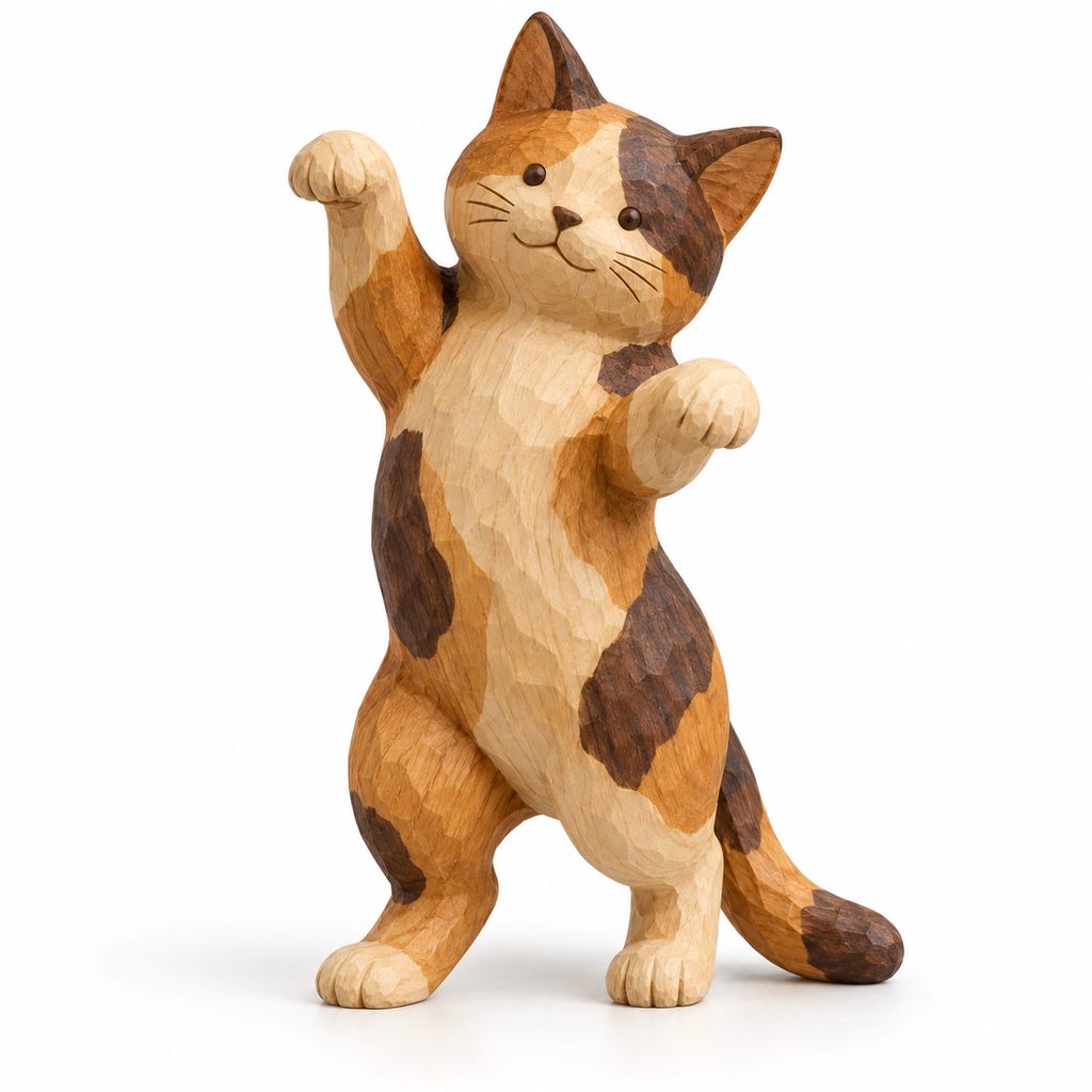 The Dancing Calico hand-carved natural oak cat sculpture – main product view
