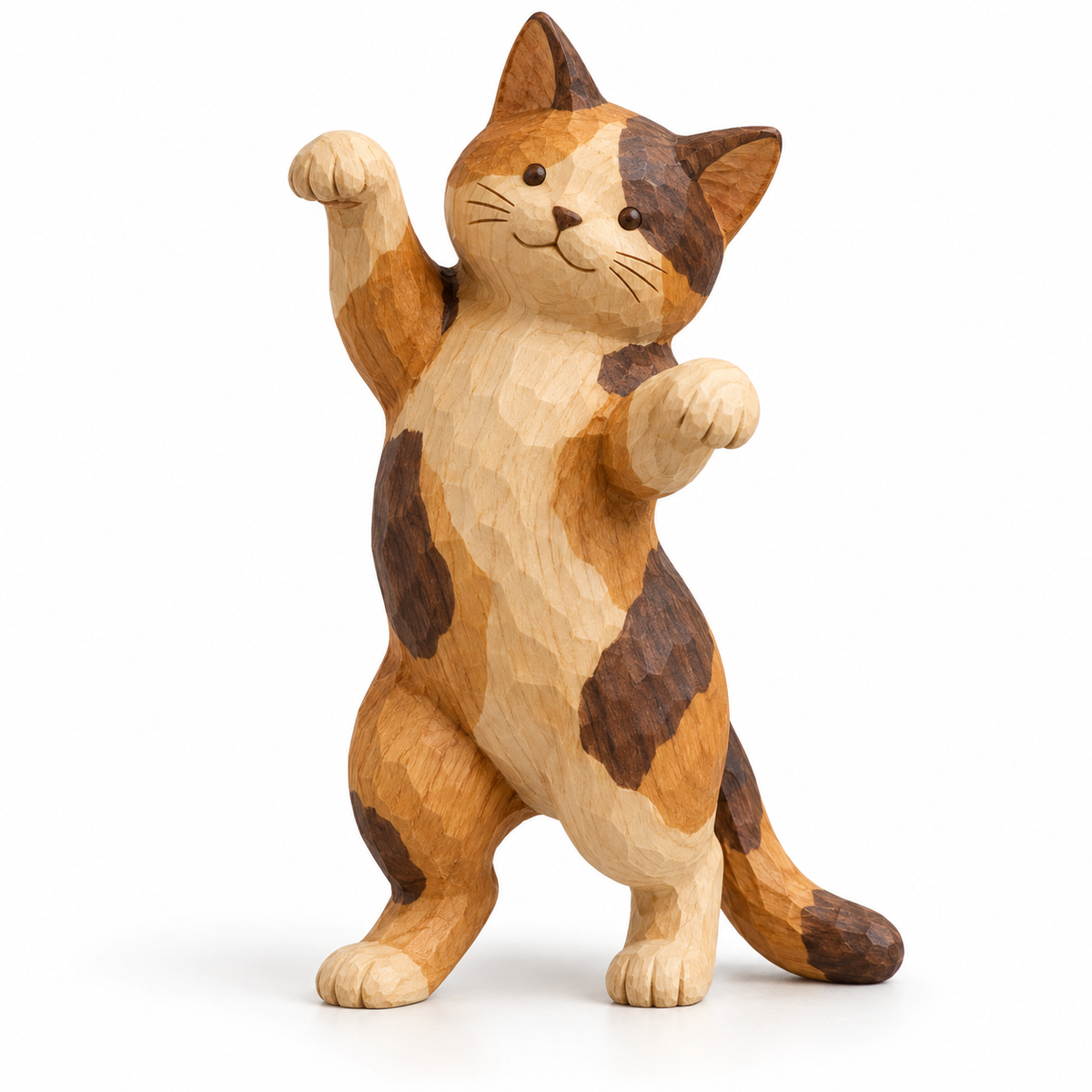 The Dancing Calico hand-carved natural oak cat sculpture – main product view