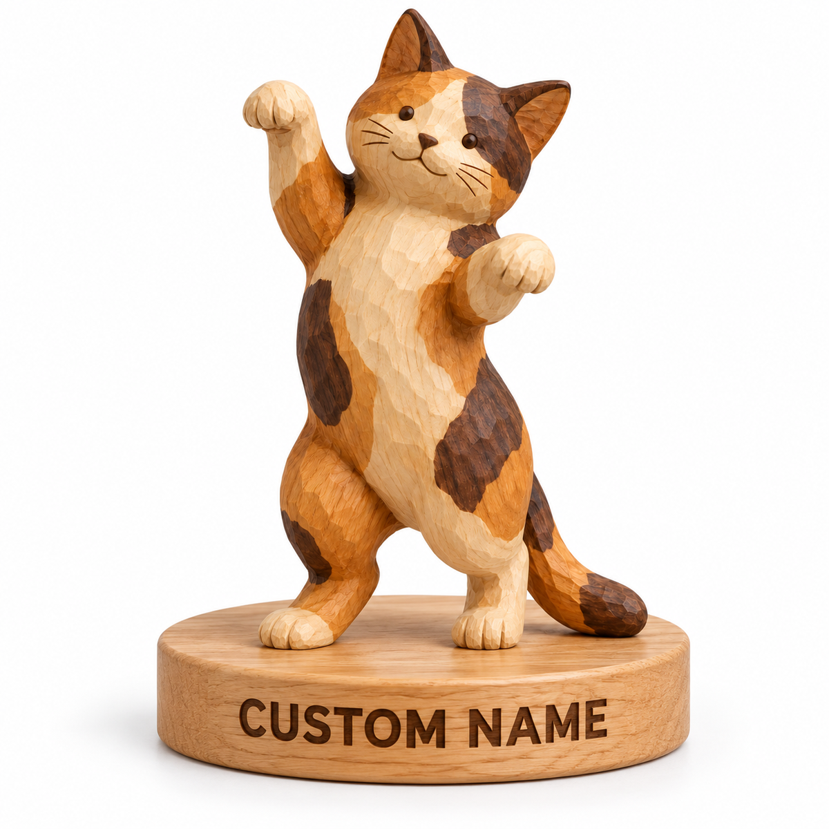 The Dancing Calico hand-carved natural oak cat sculpture – optional engraved name base example