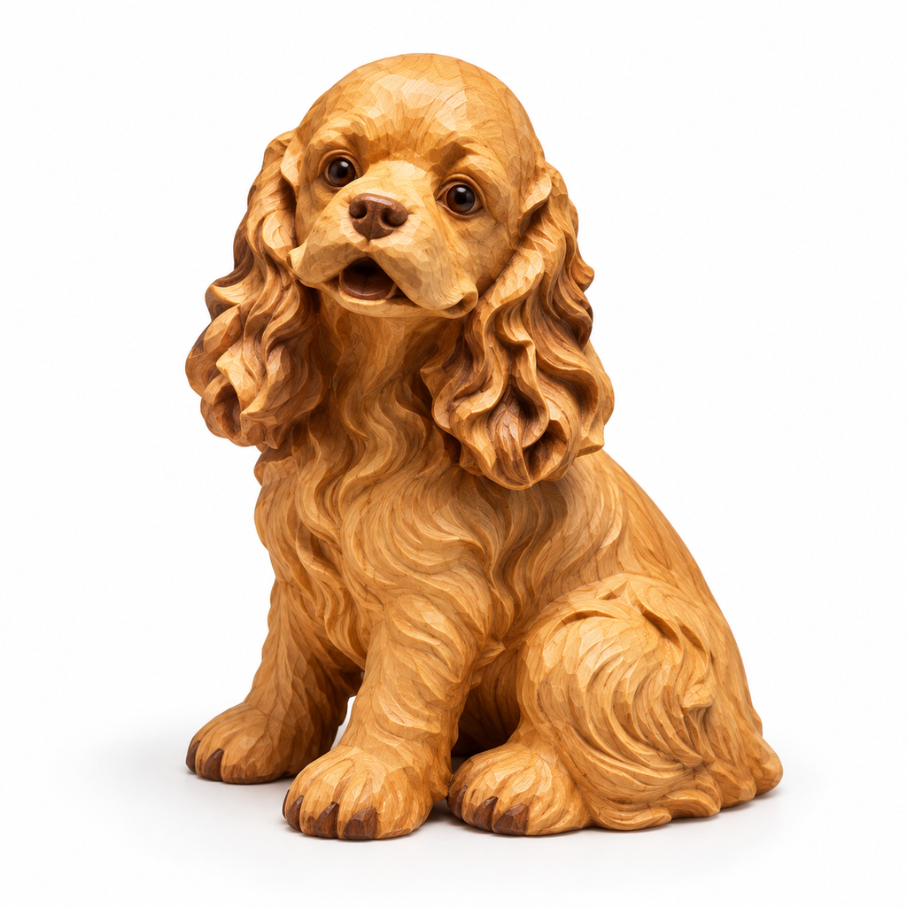 The Gentle Cocker Spaniel hand-carved natural oak dog sculpture – main product view