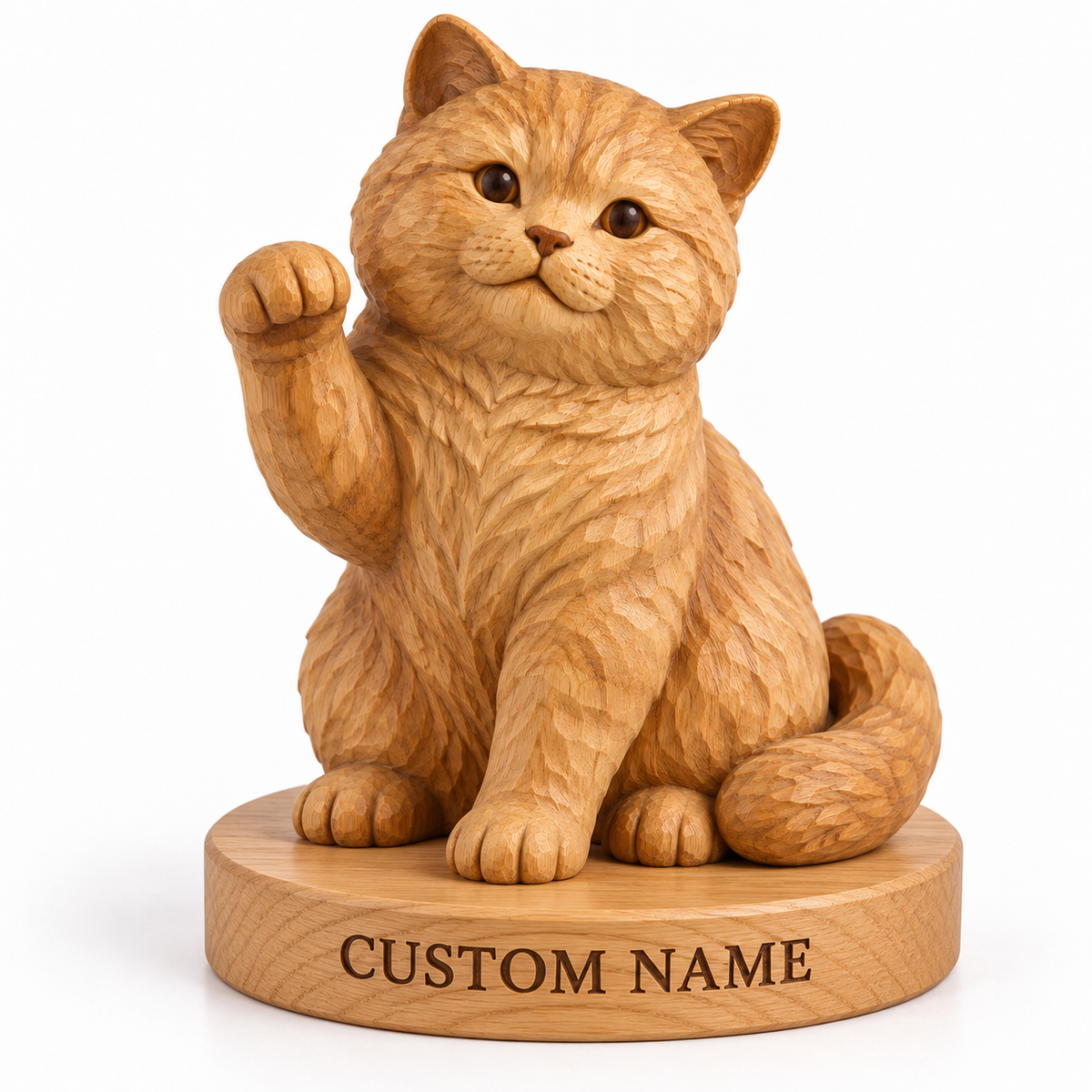 The Waving British Shorthair hand-carved natural oak cat sculpture – optional engraved name base example
