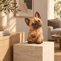 The Curious French Bulldog hand-carved natural oak dog sculpture – styled home decor view
