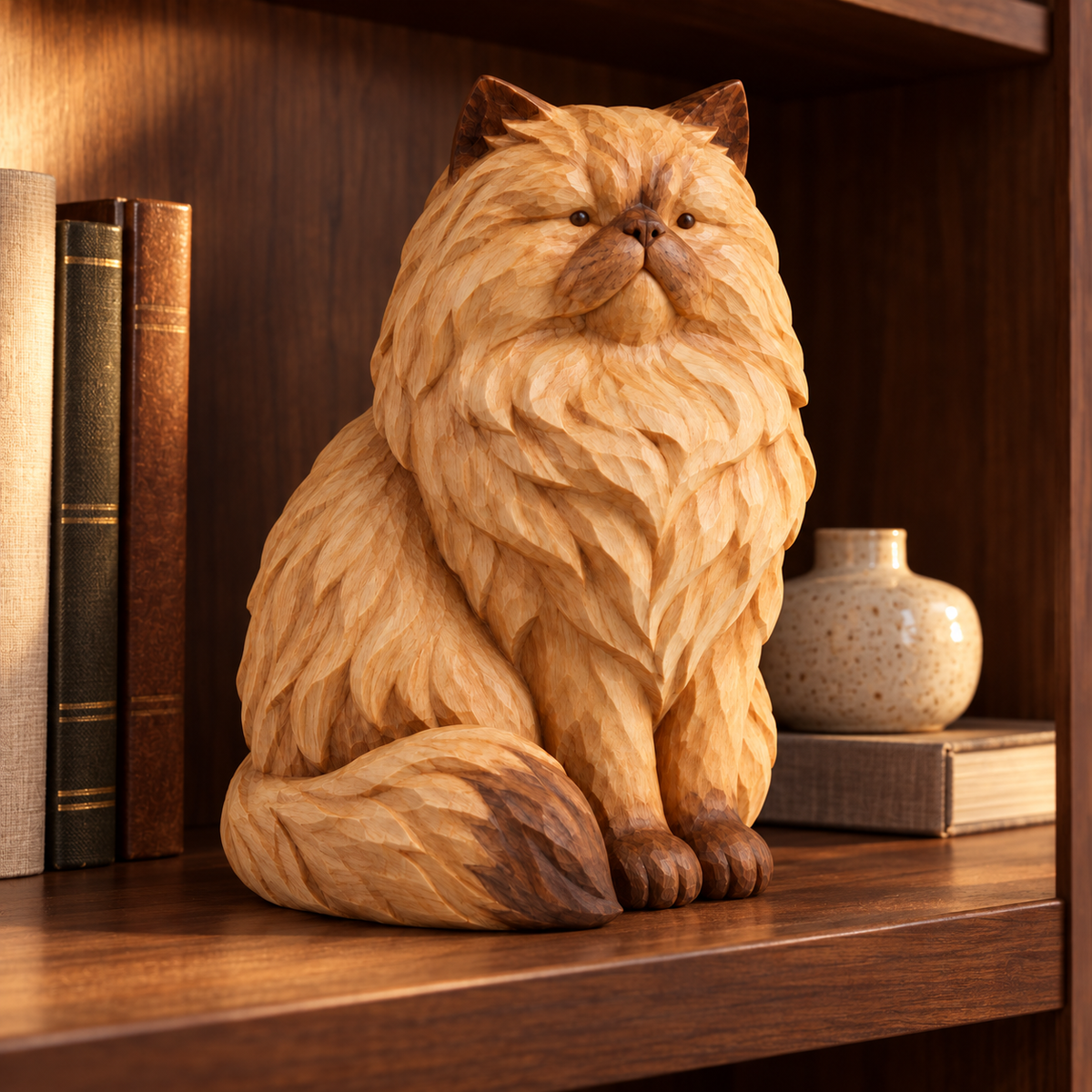 The Elegant Persian hand-carved natural oak cat sculpture – styled home decor view