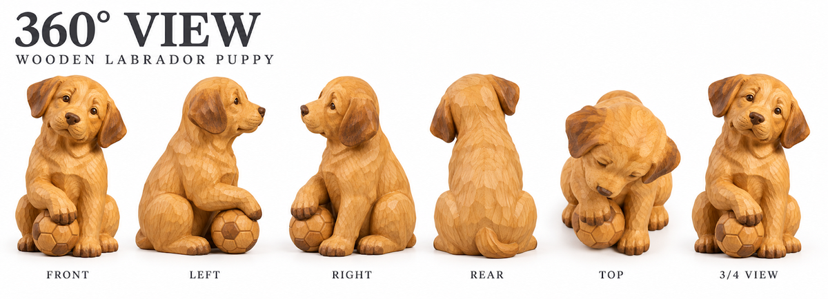 The Playful Labrador hand-carved natural oak dog sculpture – alternate 360-degree view