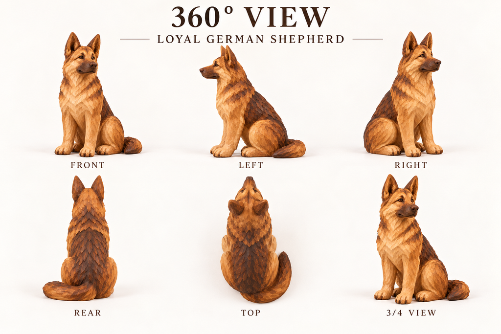 The Loyal German Shepherd hand-carved natural oak dog sculpture – alternate 360-degree view