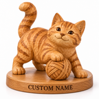 The Playful Orange Tabby hand-carved natural oak cat sculpture – optional engraved name base example