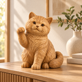 The Waving British Shorthair hand-carved natural oak cat sculpture – styled home decor view