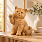 The Waving British Shorthair hand-carved natural oak cat sculpture – styled home decor view
