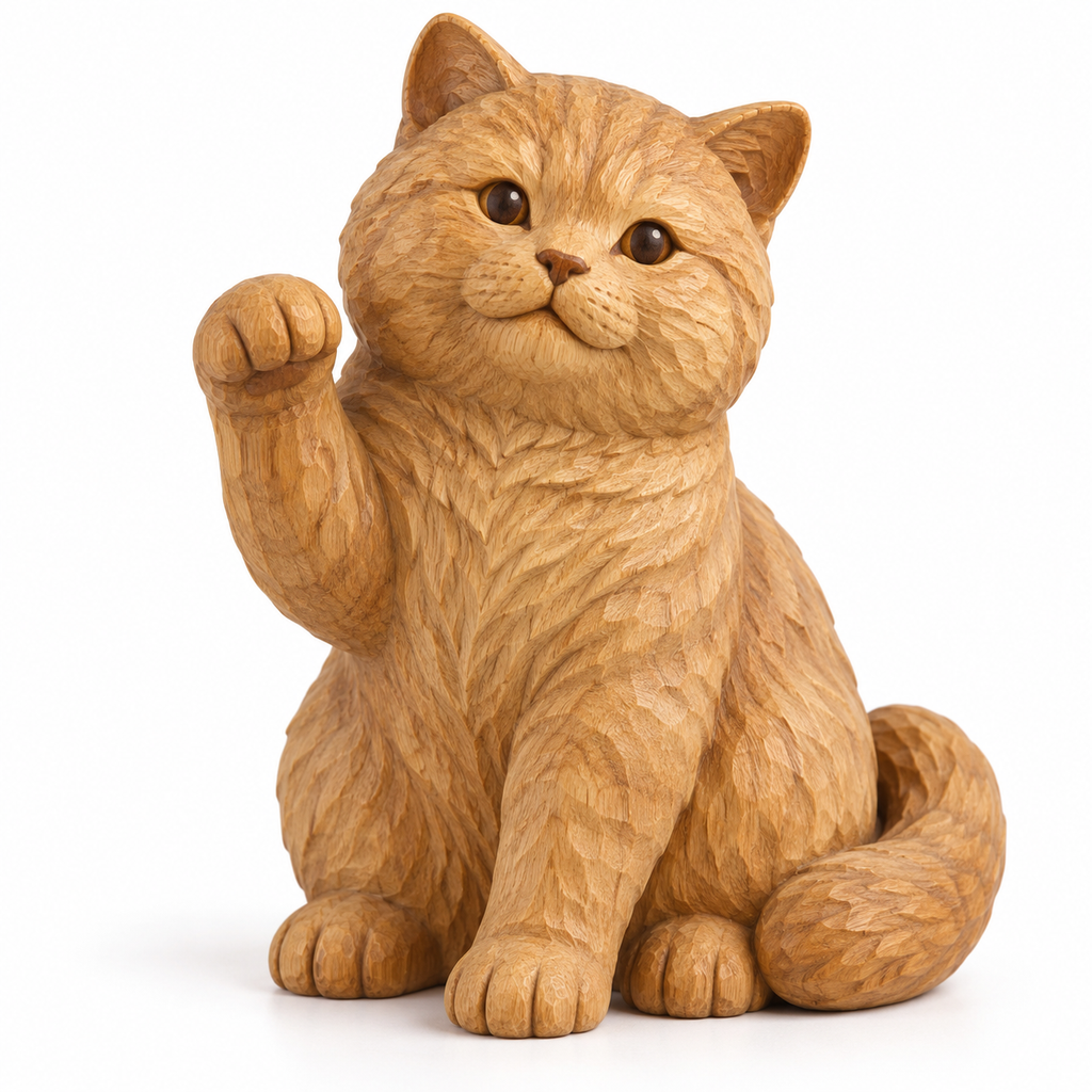 The Waving British Shorthair hand-carved natural oak cat sculpture – main product view