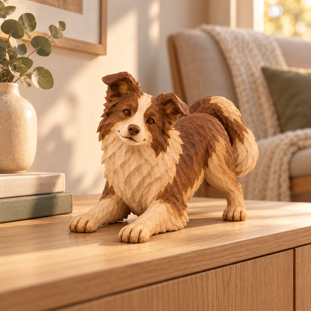 The Playful Border Collie hand-carved natural oak dog sculpture – styled home decor view