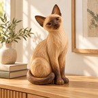The Curious Siamese hand-carved natural oak cat sculpture – styled home decor view