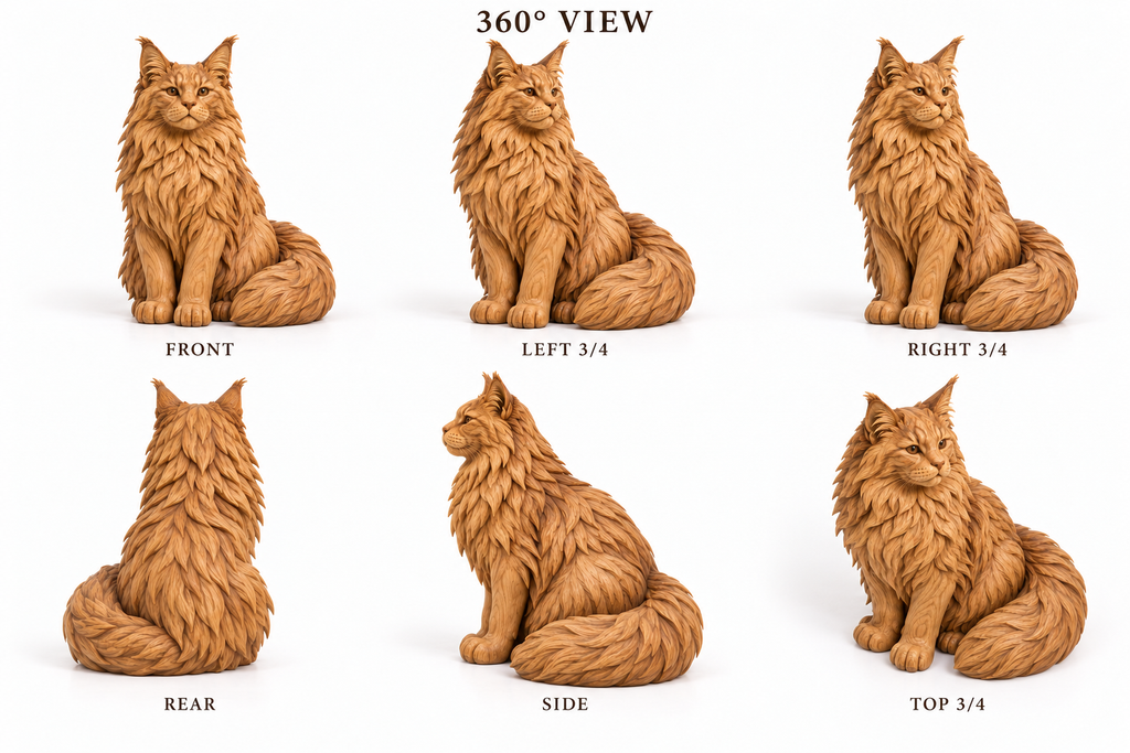 The Majestic Maine Coon hand-carved natural oak cat sculpture – alternate 360-degree view