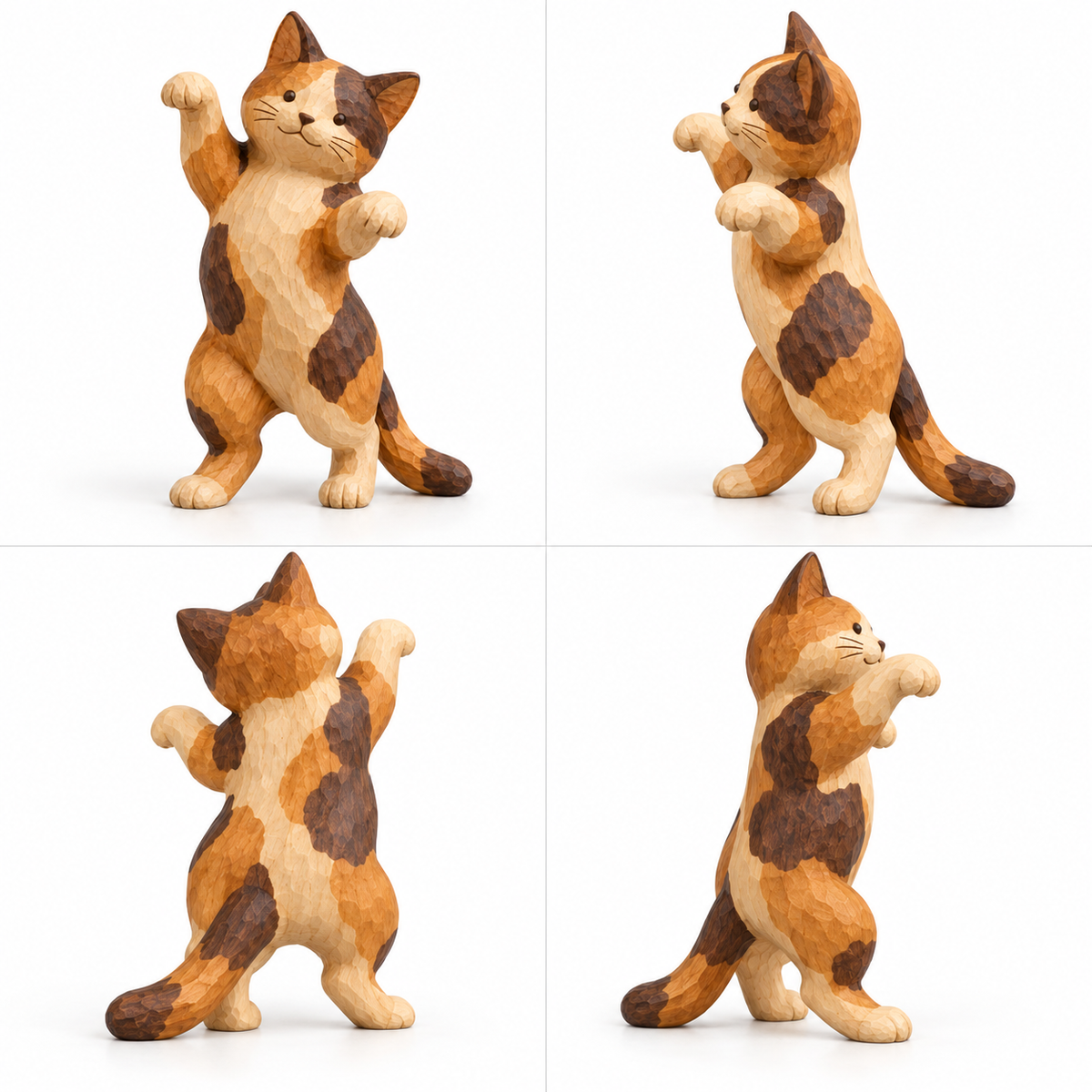 The Dancing Calico hand-carved natural oak cat sculpture – alternate 360-degree view