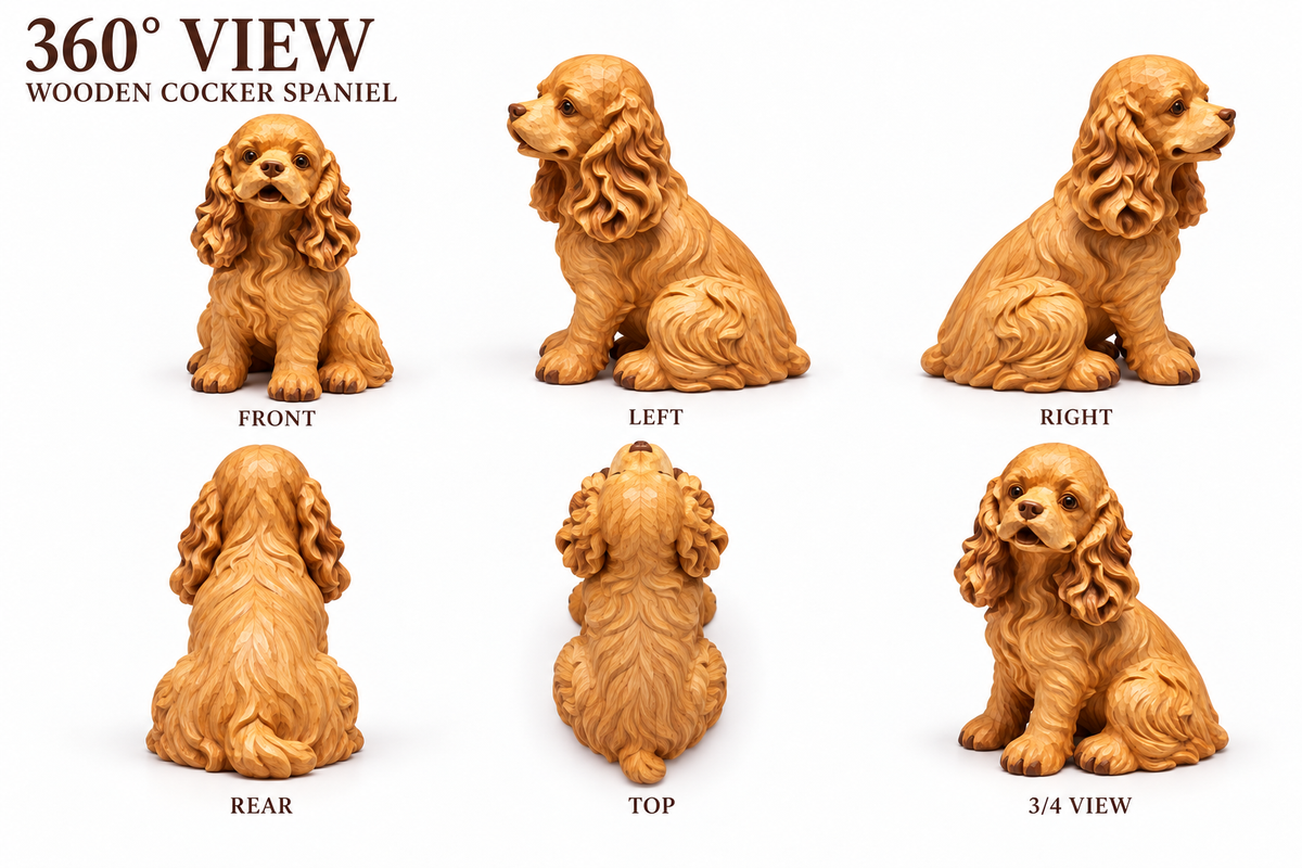 The Gentle Cocker Spaniel hand-carved natural oak dog sculpture – alternate 360-degree view