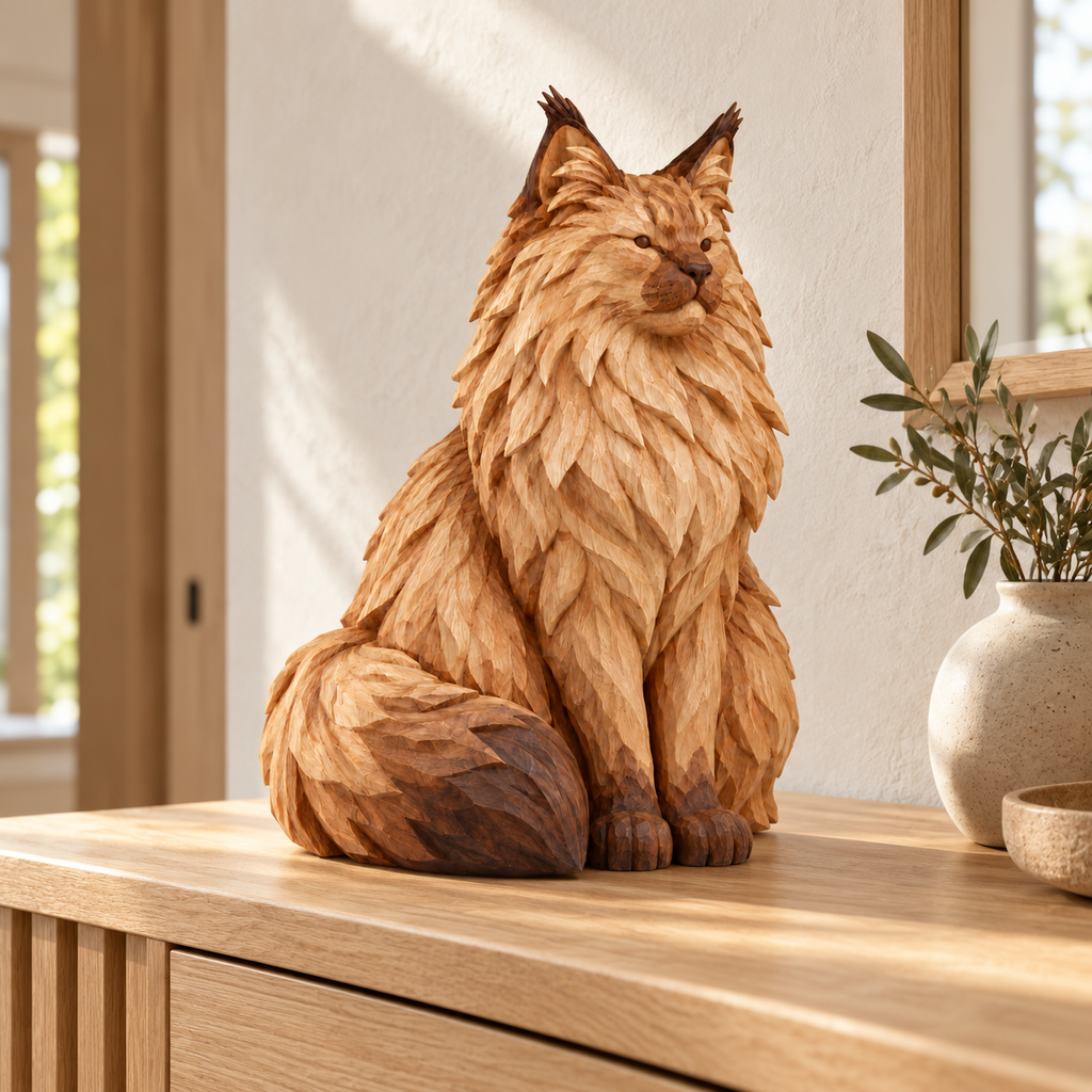 The Proud Norwegian Forest Cat hand-carved natural oak cat sculpture – styled home decor view