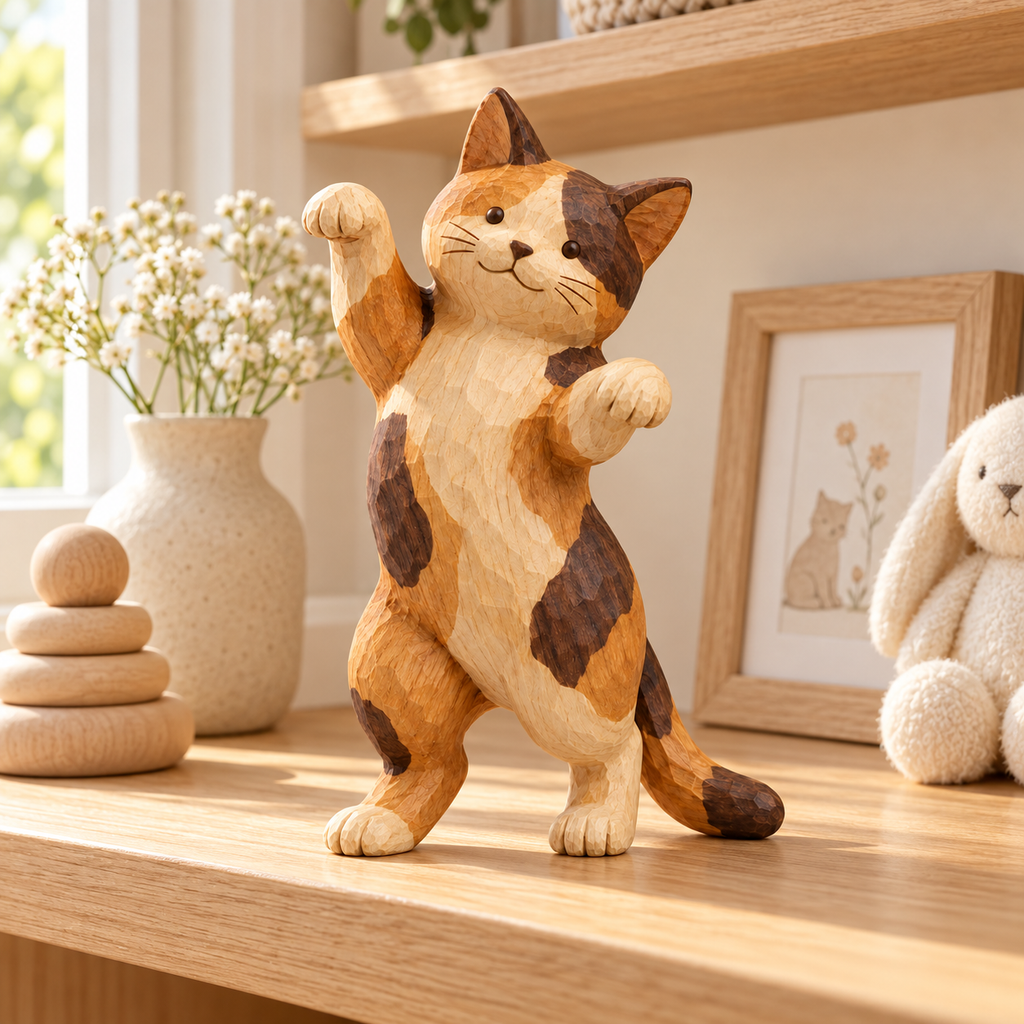 The Dancing Calico hand-carved natural oak cat sculpture – styled home decor view