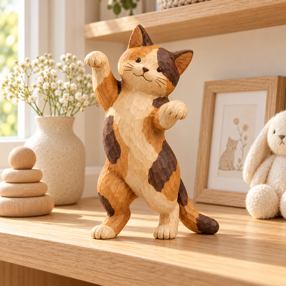 The Dancing Calico hand-carved natural oak cat sculpture – styled home decor view