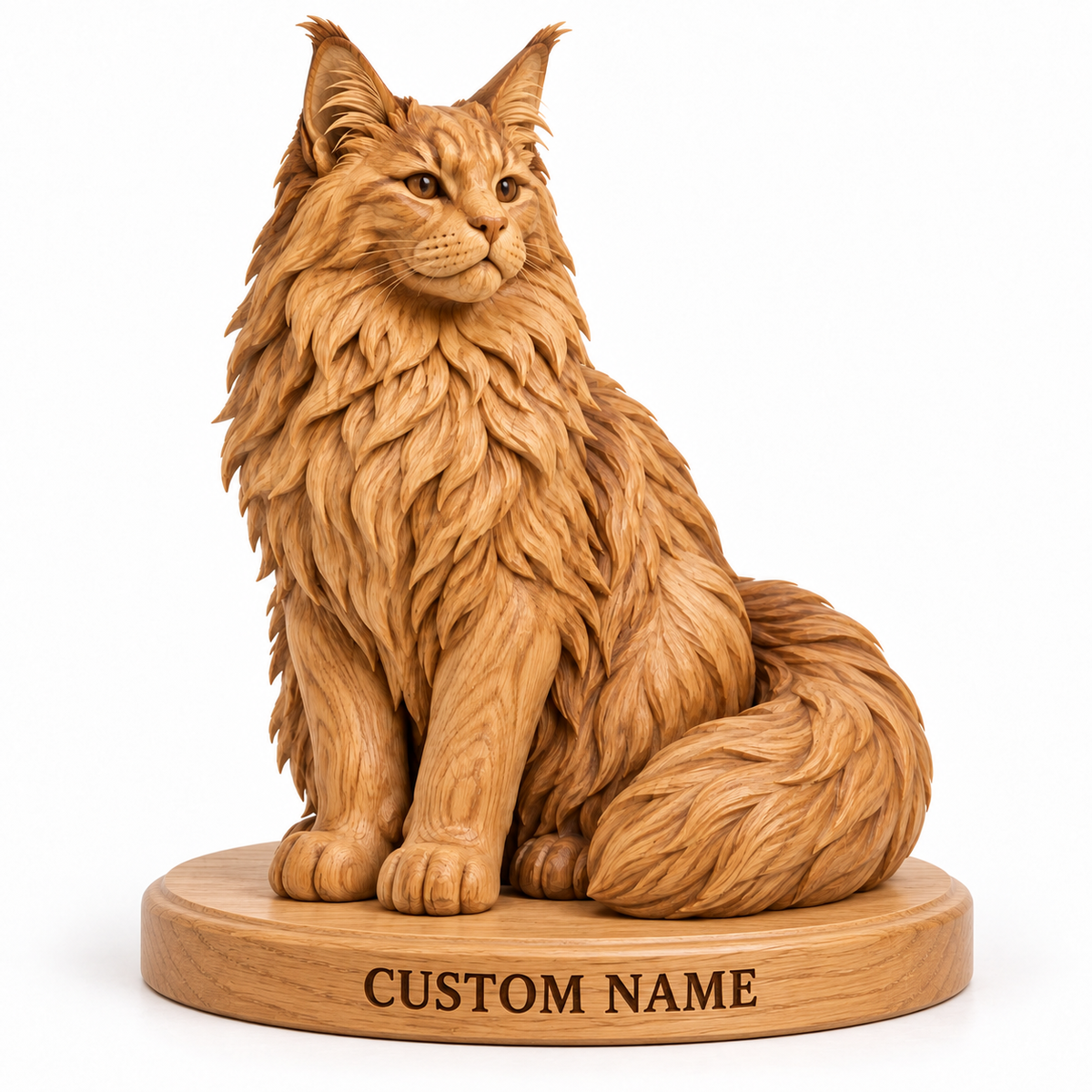 The Majestic Maine Coon hand-carved natural oak cat sculpture – optional engraved name base example