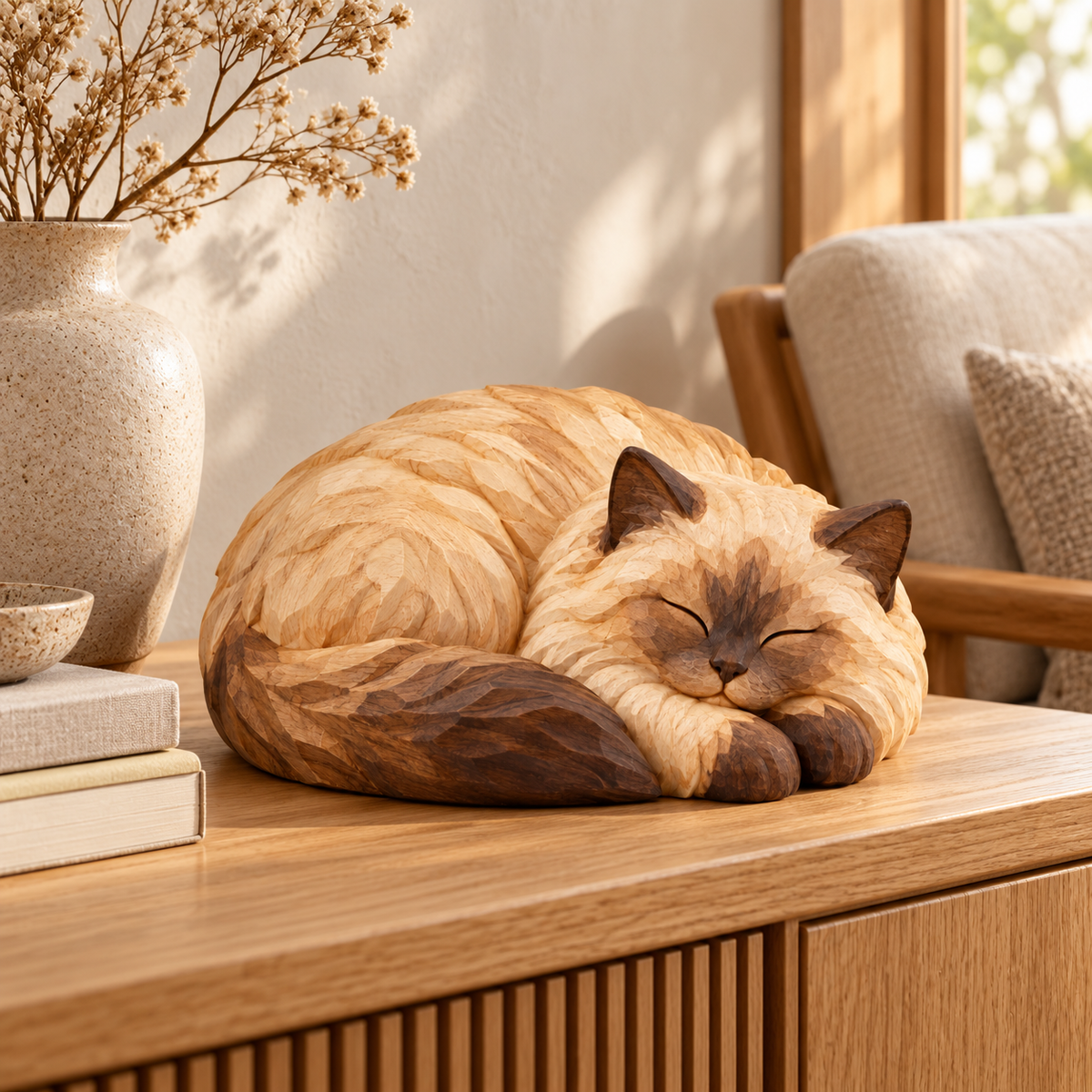 The Sleeping Ragdoll hand-carved natural oak cat sculpture – styled home decor view