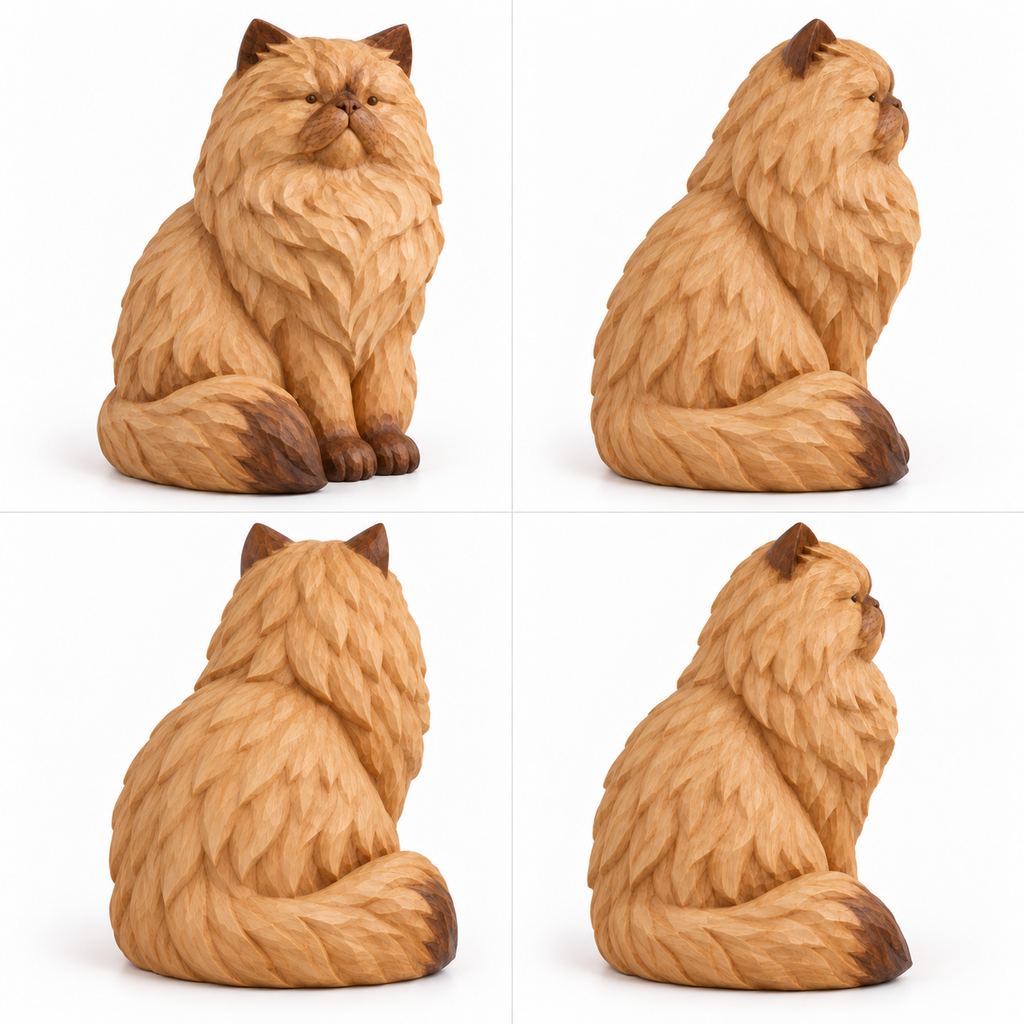 The Elegant Persian hand-carved natural oak cat sculpture – alternate 360-degree view