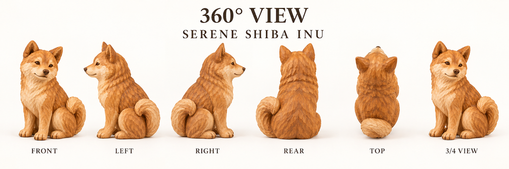 The Serene Shiba Inu hand-carved natural oak dog sculpture – alternate 360-degree view