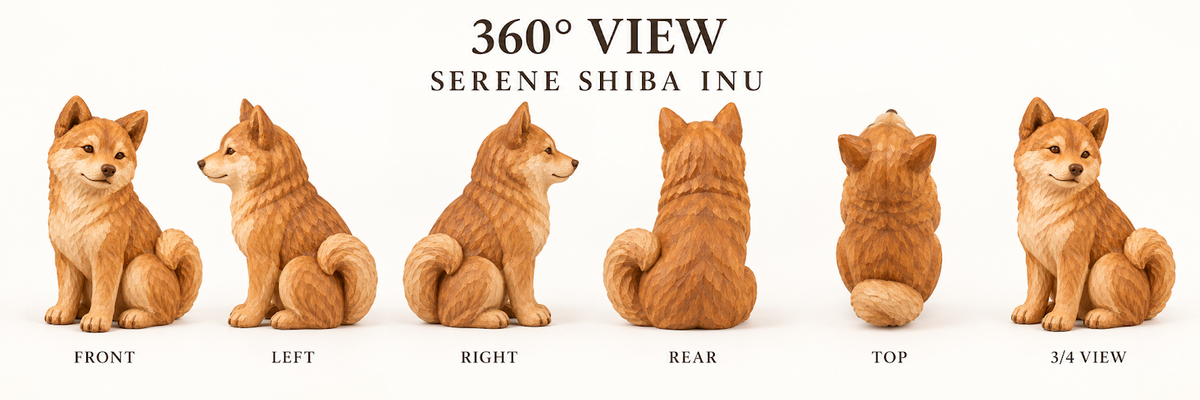 The Serene Shiba Inu hand-carved natural oak dog sculpture – alternate 360-degree view
