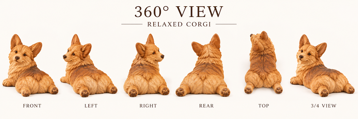 The Relaxed Corgi hand-carved natural oak dog sculpture – alternate 360-degree view