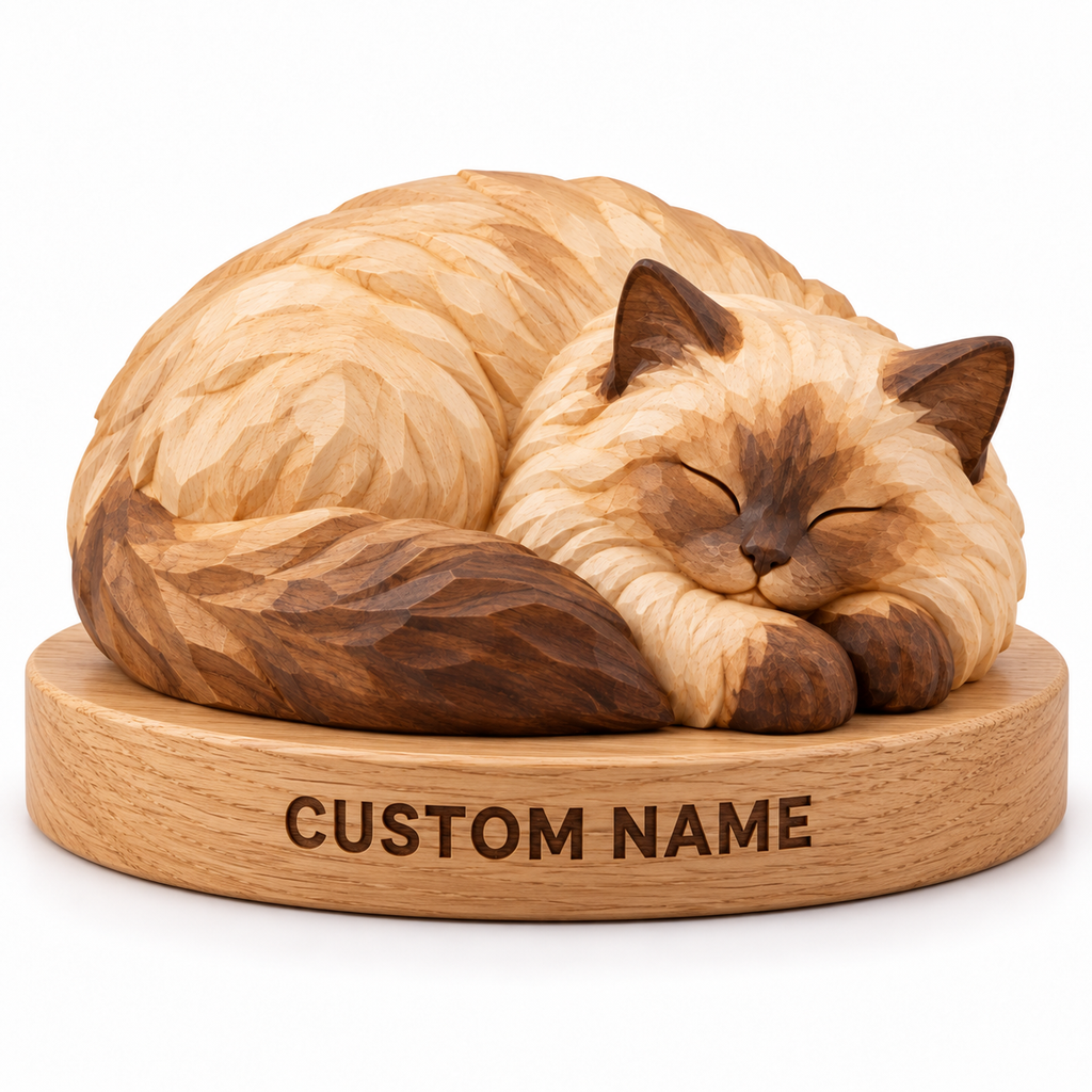 The Sleeping Ragdoll hand-carved natural oak cat sculpture – optional engraved name base example