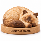 The Sleeping Ragdoll hand-carved natural oak cat sculpture – optional engraved name base example
