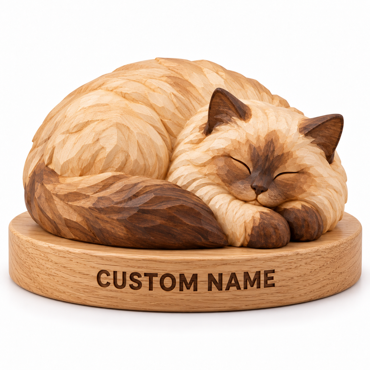 The Sleeping Ragdoll hand-carved natural oak cat sculpture – optional engraved name base example
