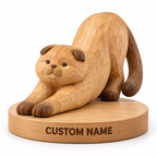 The Stretching Scottish Fold hand-carved natural oak cat sculpture – optional engraved name base example