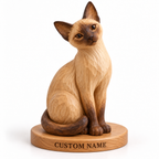 The Curious Siamese hand-carved natural oak cat sculpture – optional engraved name base example