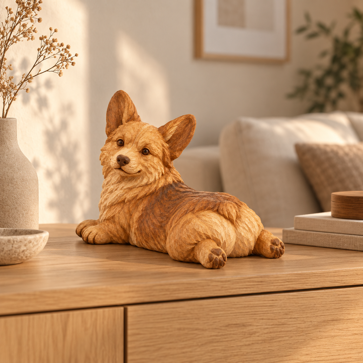 The Relaxed Corgi hand-carved natural oak dog sculpture – styled home decor view