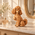 The Polite Poodle hand-carved natural oak dog sculpture – styled home decor view