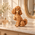 The Polite Poodle hand-carved natural oak dog sculpture – styled home decor view