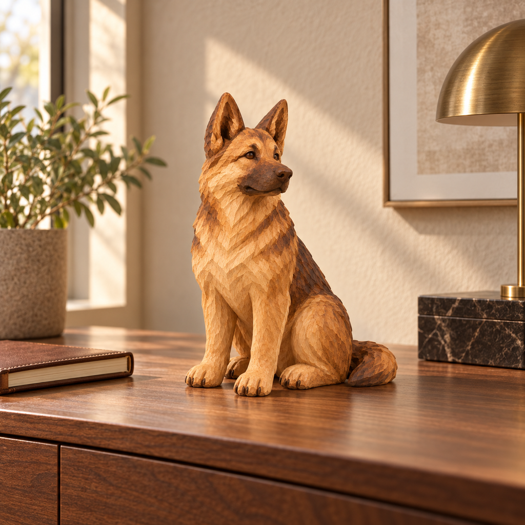 The Loyal German Shepherd hand-carved natural oak dog sculpture – styled home decor view
